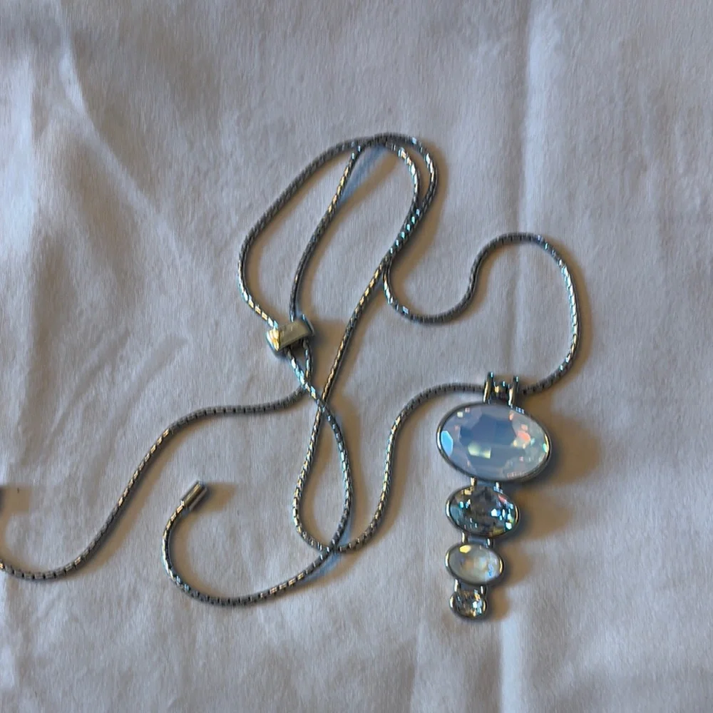 Moonstone Look Silver and Blue Pendant Necklace - Picture 2 of 4